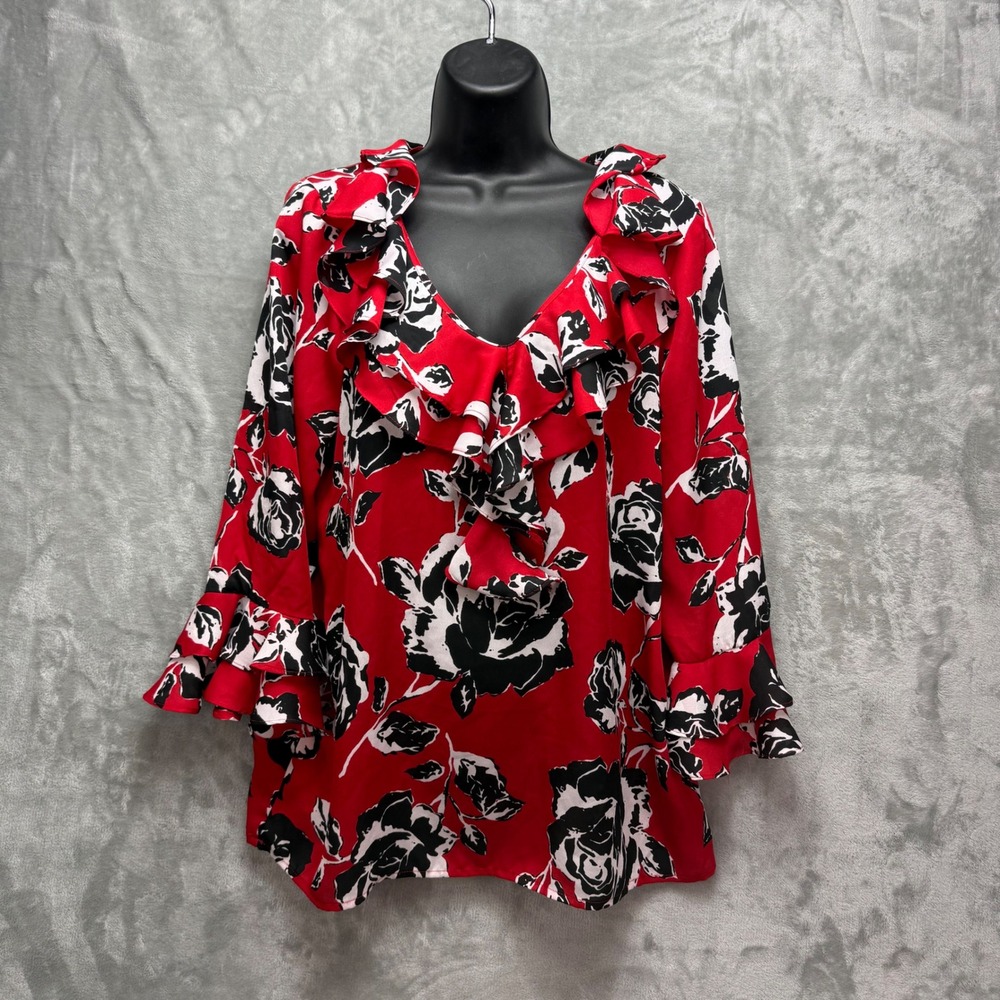 Jones New‎ York Signature Red Floral Ruffle V-Neck Blouse Bell Sleeve Size M